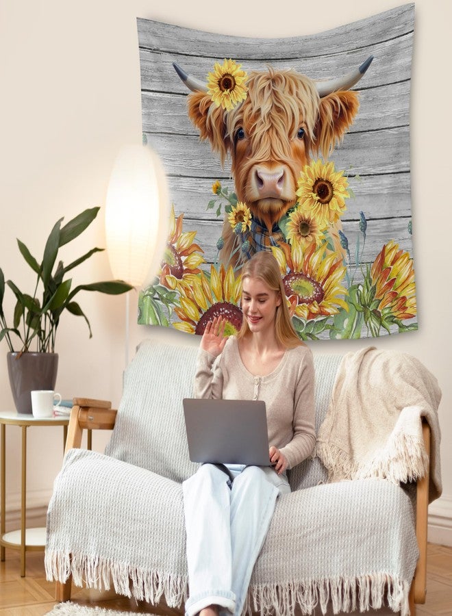 HUGANE Farmhouse Highland Cow Sunflower Tapestry, Rustic Sunflower Country Scottish Cow Wall Tapestries, Cute Highland Cattle Hanging Wall Decor for Bedroom Living Room Home, 50x60 Inch - Image 4